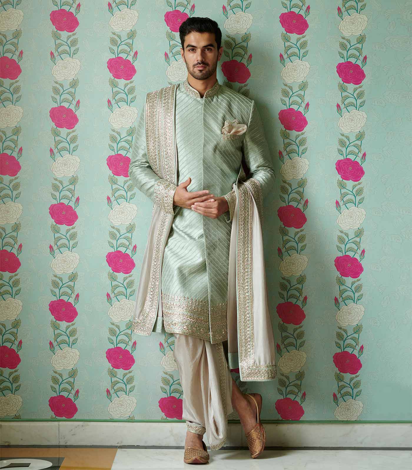 Blue tissue rawsilk diagonal thread and zardosi embroidered Sherwani Set