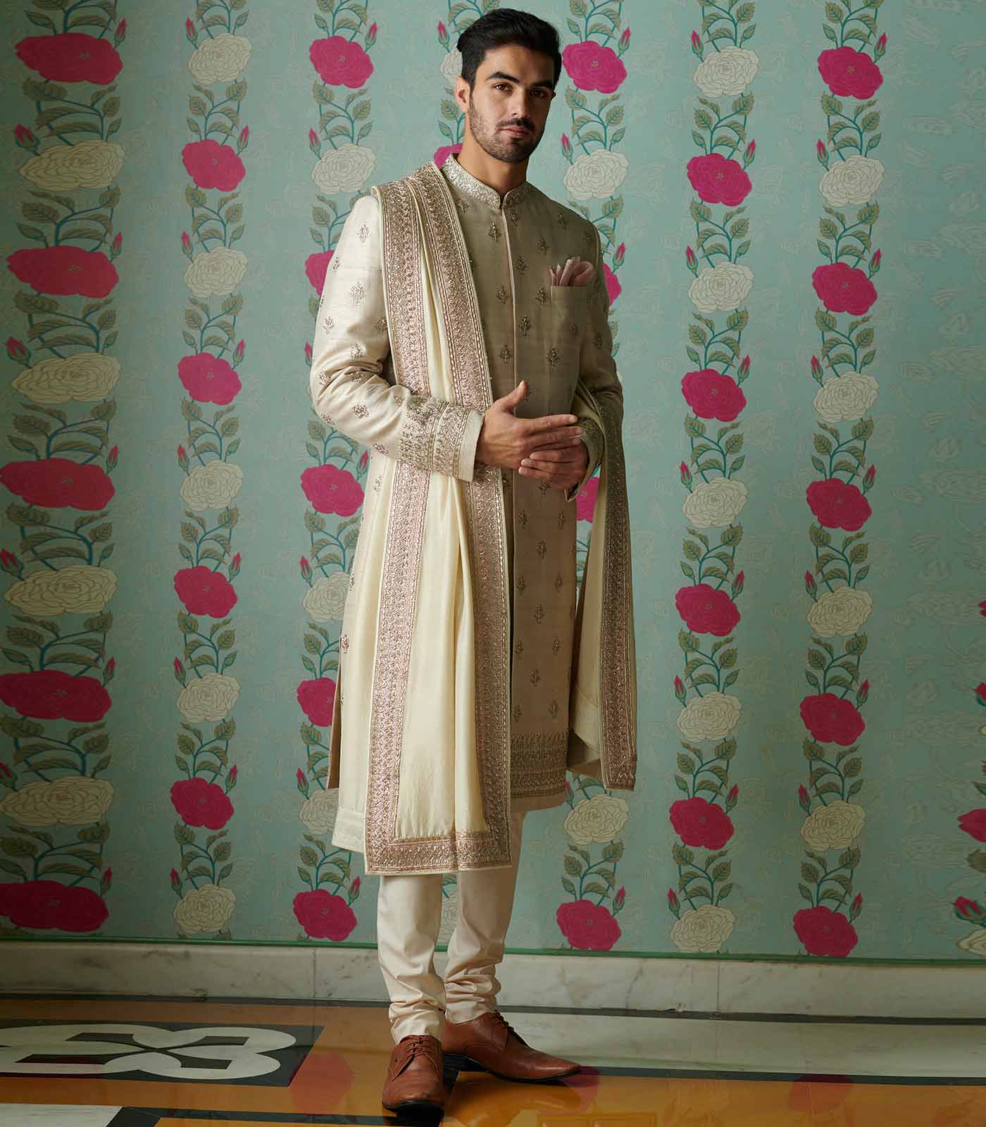 Ivory rawsilk butti Sherwani Set