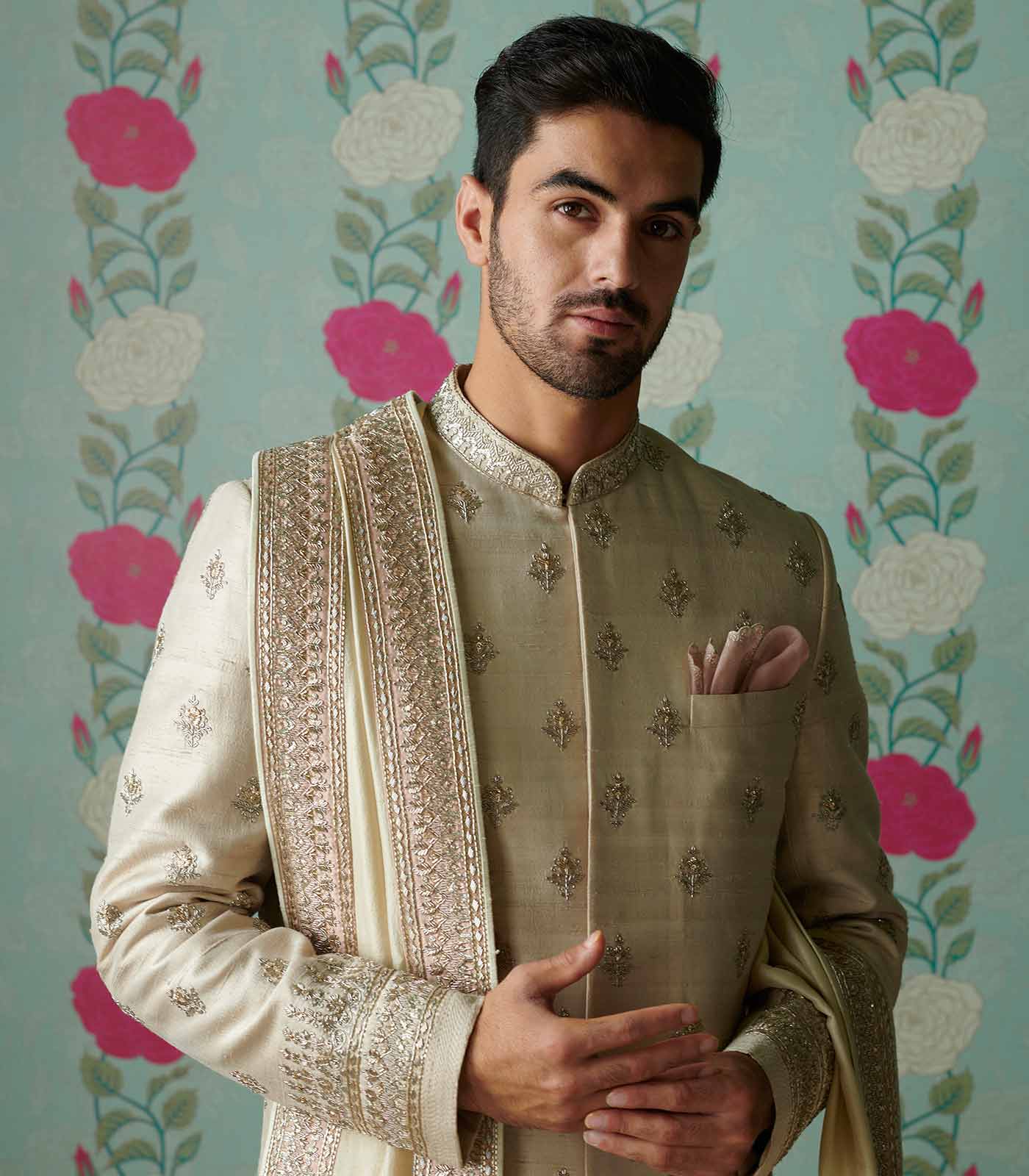 Ivory rawsilk butti Sherwani Set