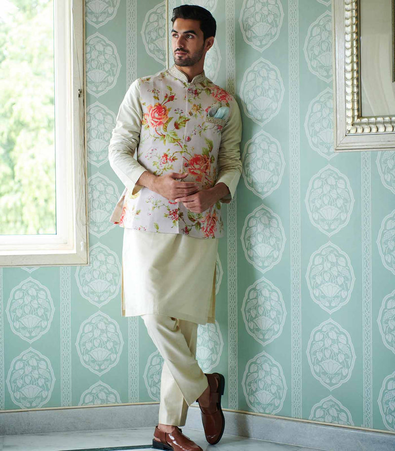 Ivory rawsilk floral printed bandi set