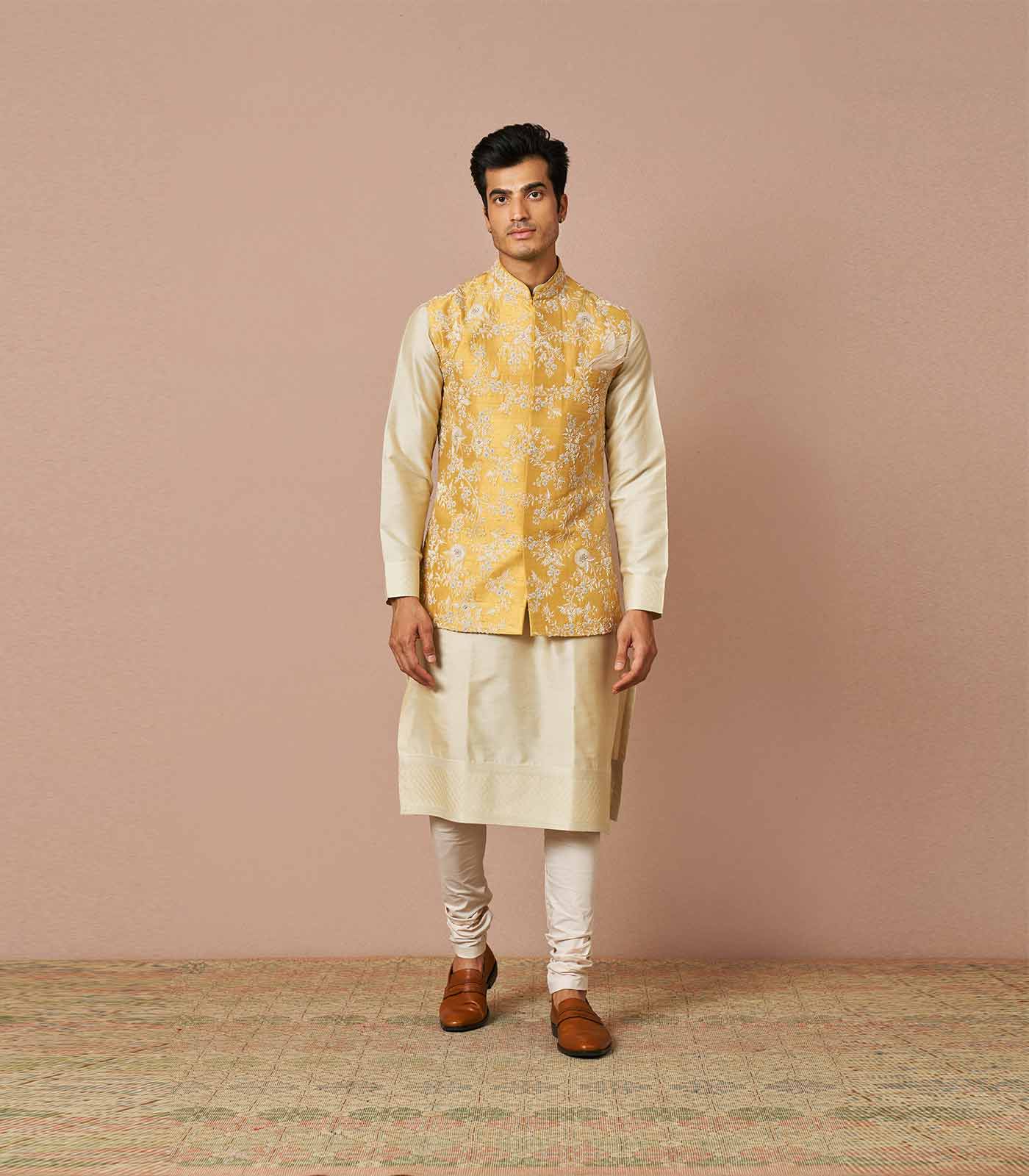 Pastel yellow aster rawsilk embroidered bandi set