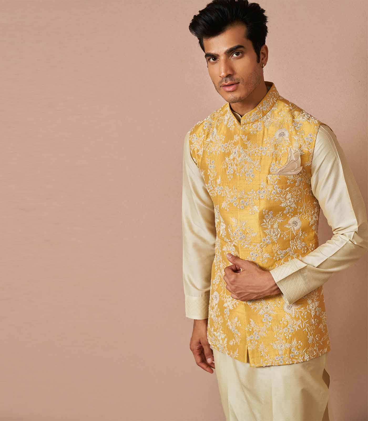 Pastel yellow aster rawsilk embroidered bandi set