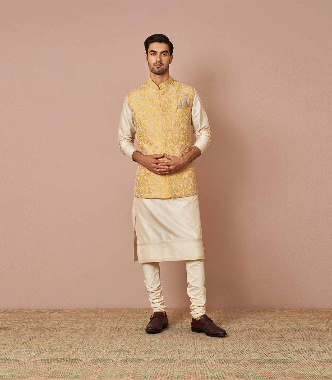 Pastel yellow rawsilk armaan threadwork embroidered bandi set