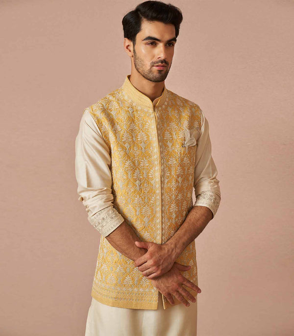 Pastel yellow rawsilk kiaan bandi set