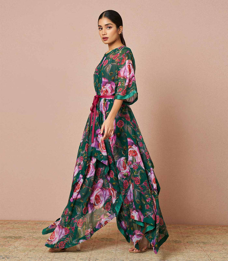 Eugenia Rose deep green chiffon handkerchief dress