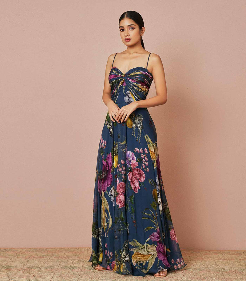 Savannah deep blue draped gown