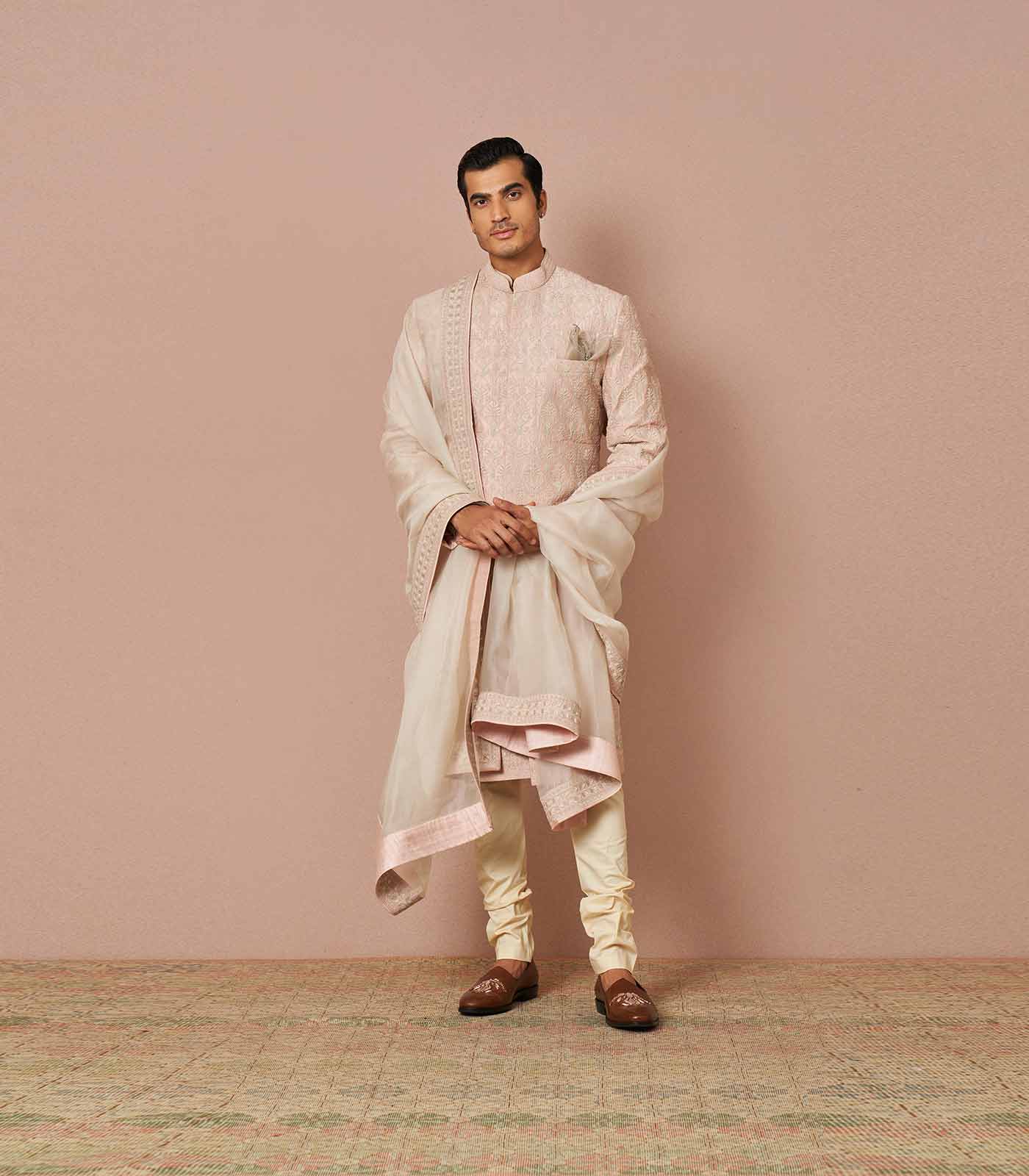 Pink rawsilk armaan embroidered Sherwani Set with dupatta