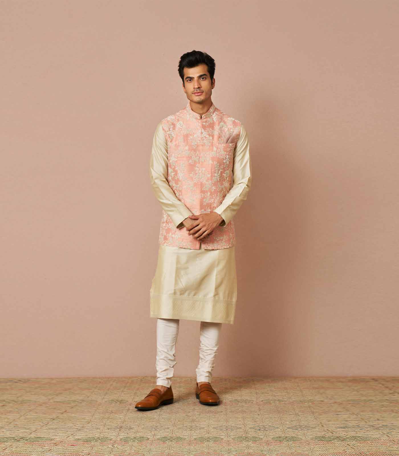 Pink rawsilk aster floral embroidered kurta set