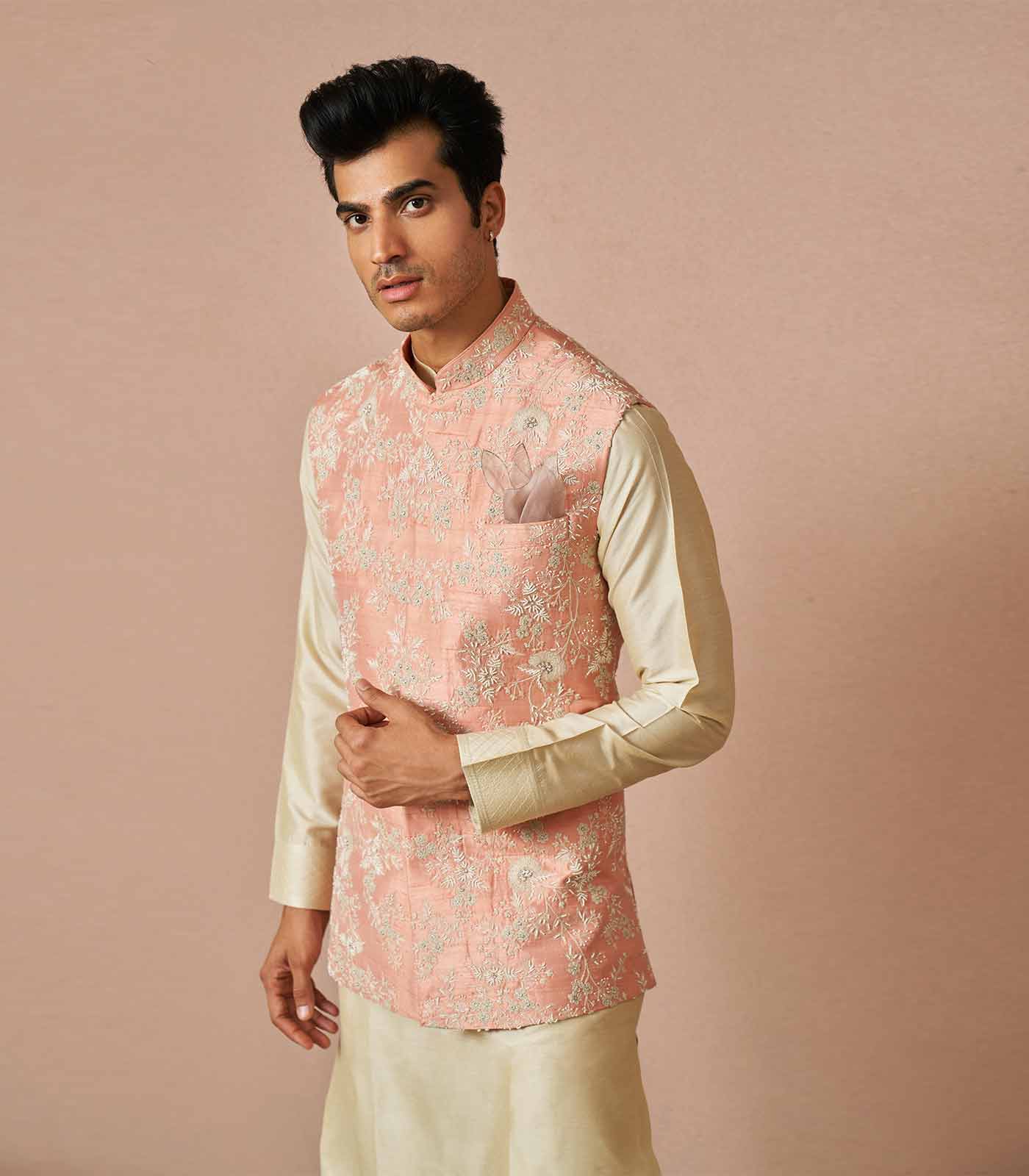 Pink rawsilk aster floral embroidered kurta set