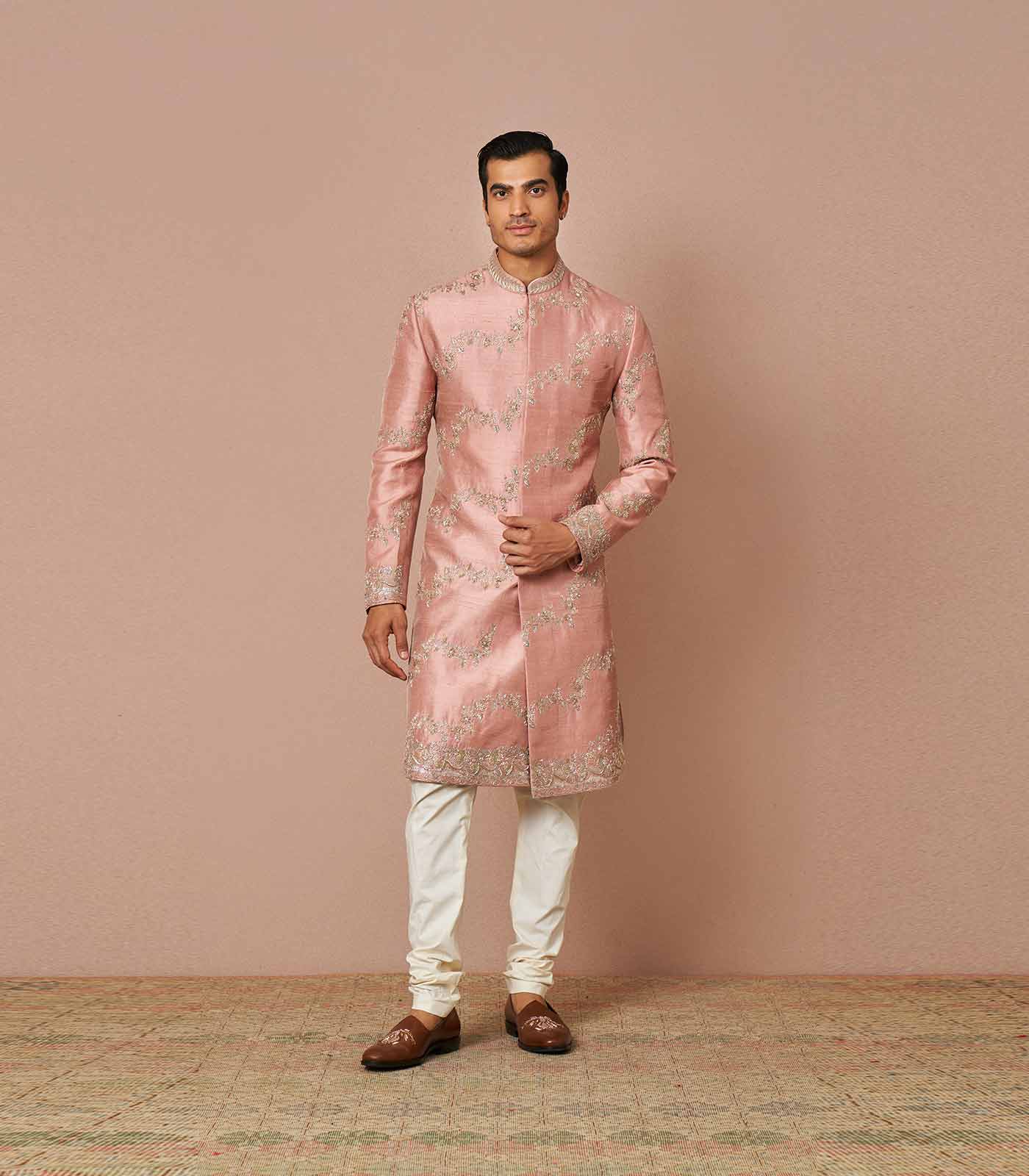Pink rawsilk leharia Sherwani Set with zardosi work