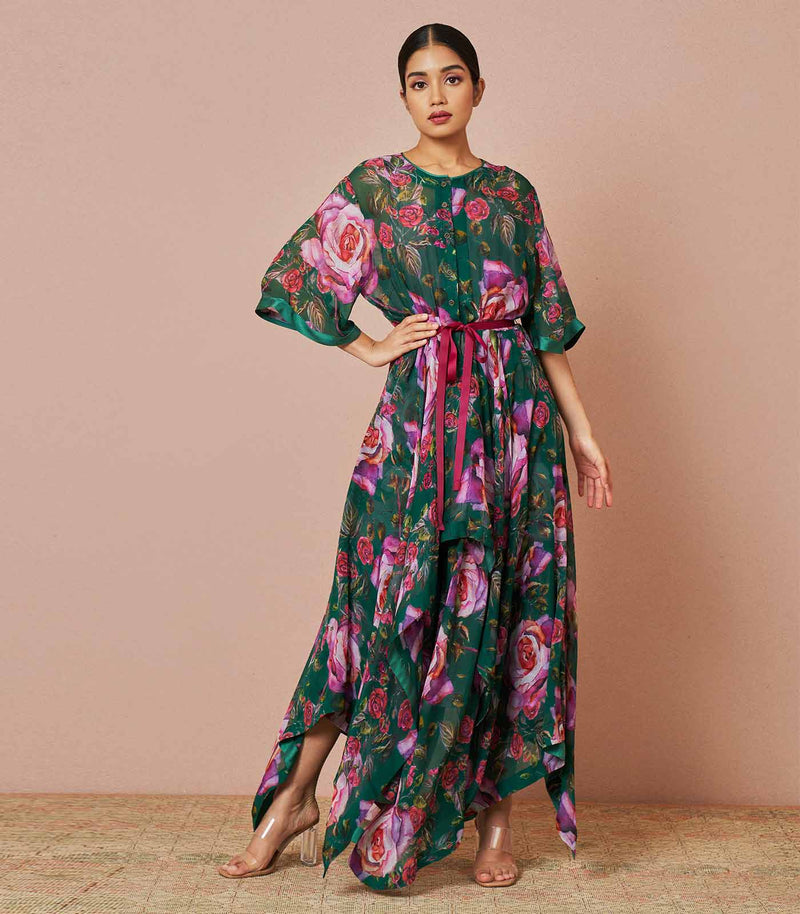 Eugenia Rose deep green chiffon handkerchief dress