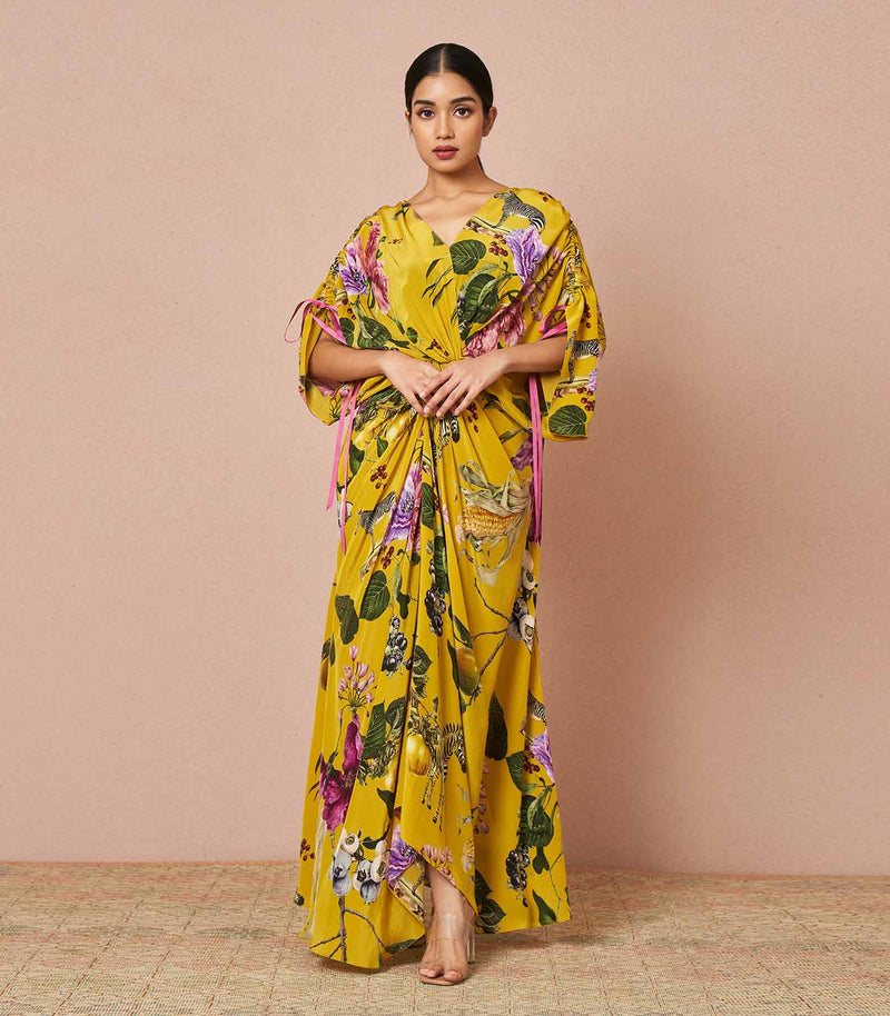 Savannah yellow front twisted kaftan dress