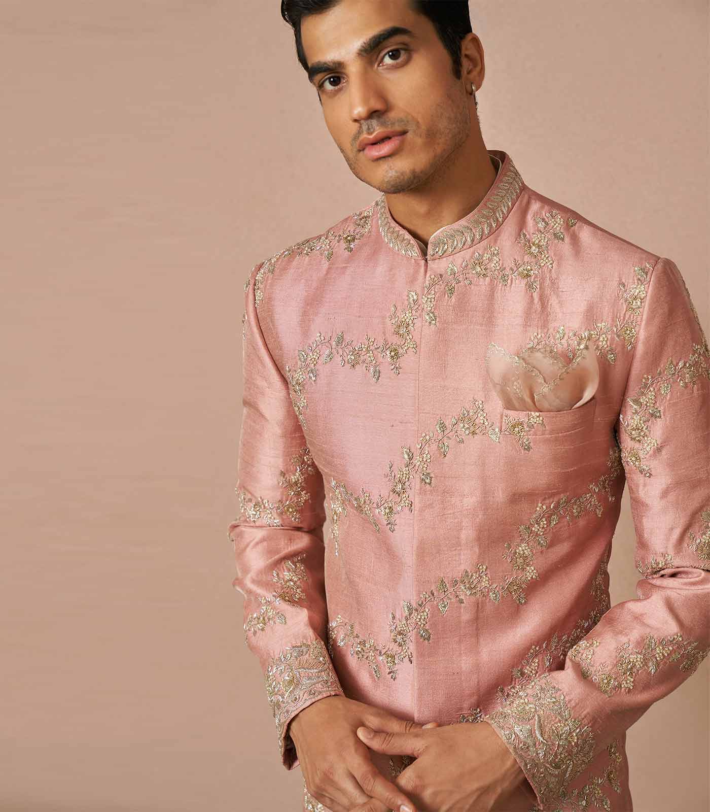 Pink rawsilk leharia Sherwani Set with zardosi work