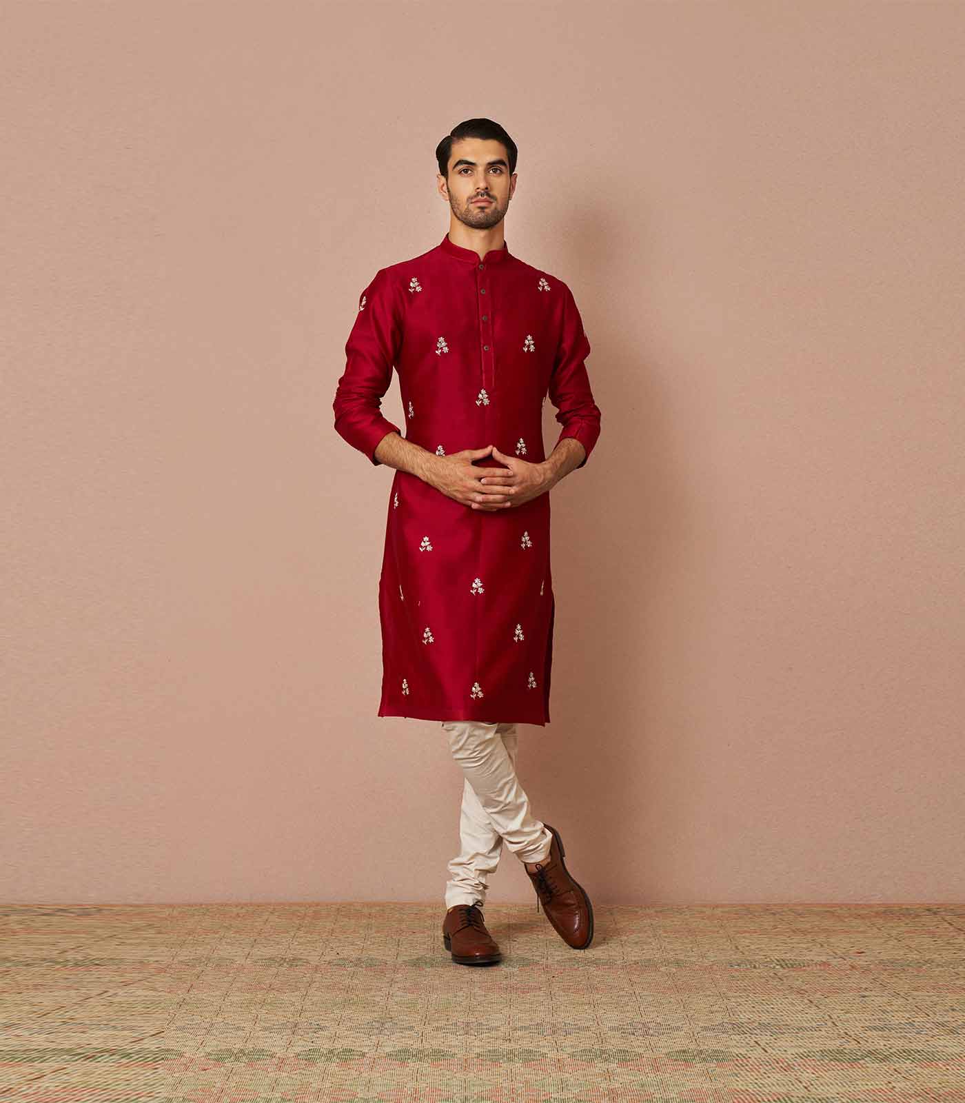 Red embroidered silk kurta set
