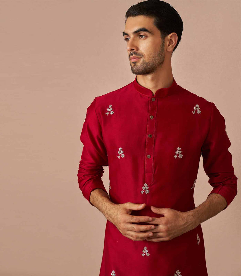 Red embroidered silk kurta set