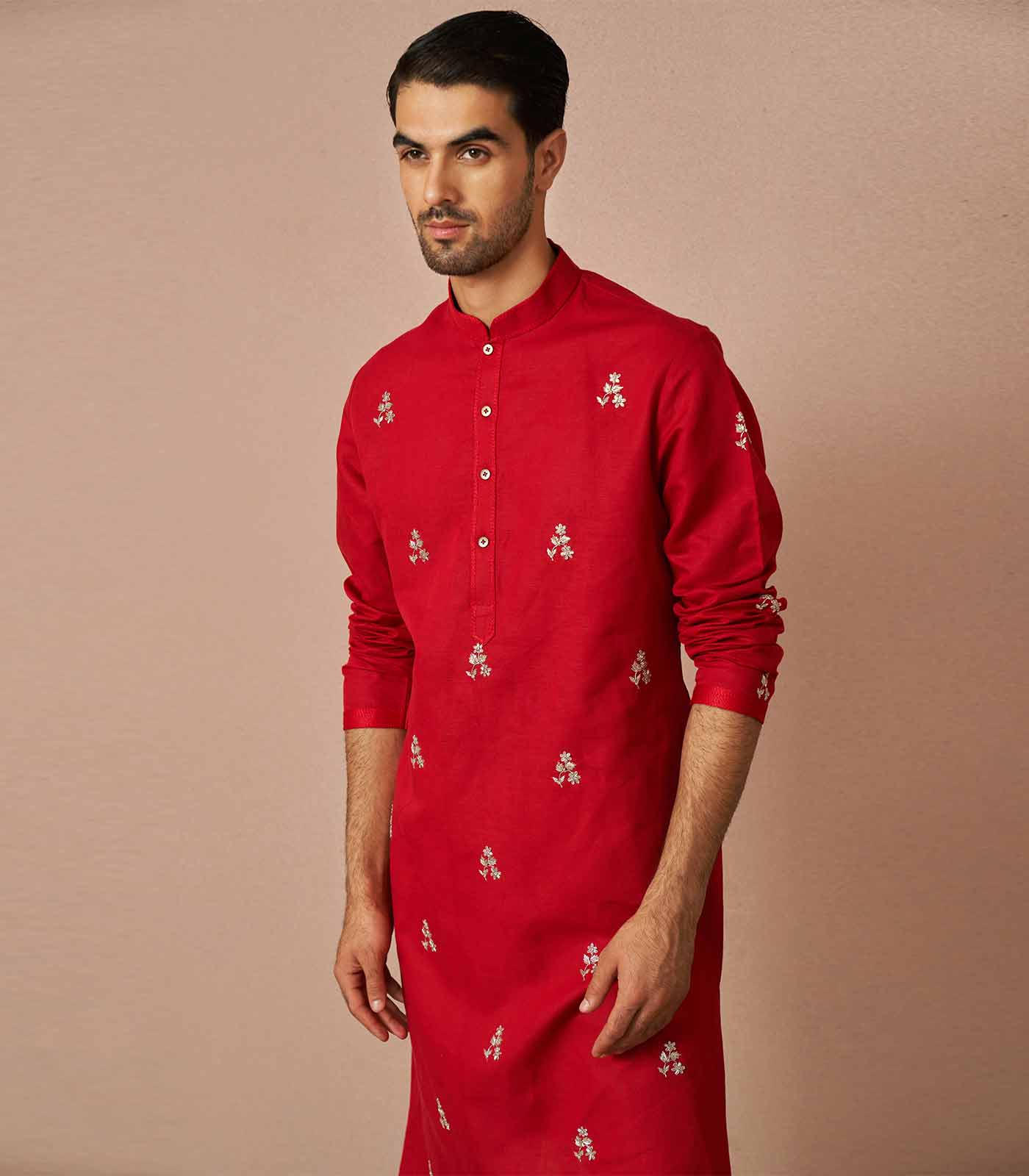 Red linen embroidered kurta set
