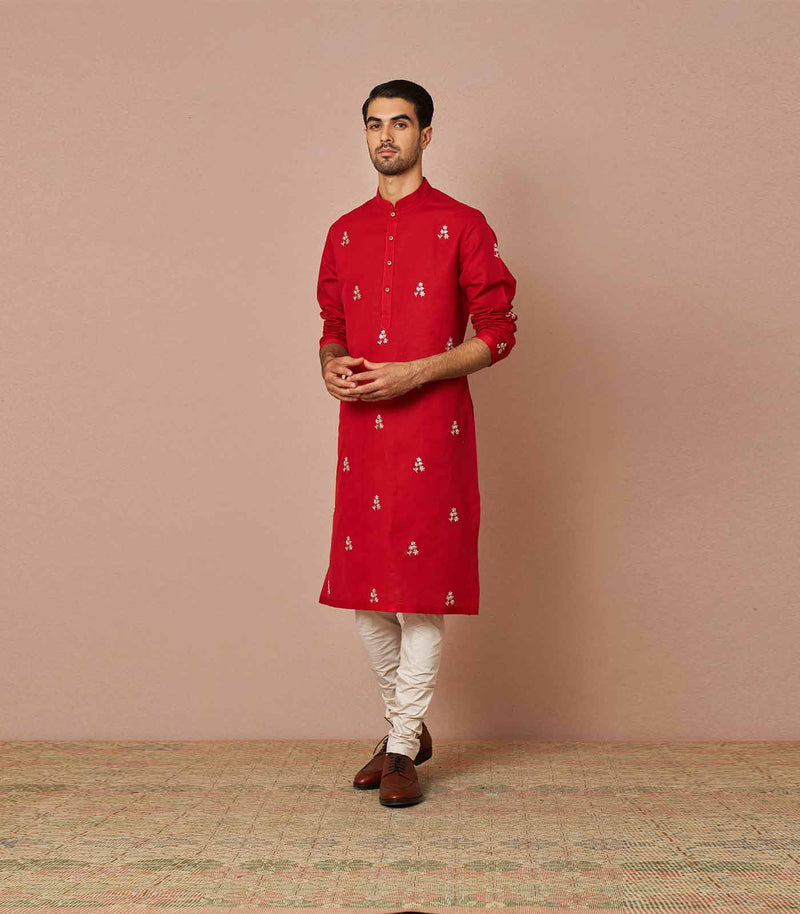 Red linen embroidered kurta set