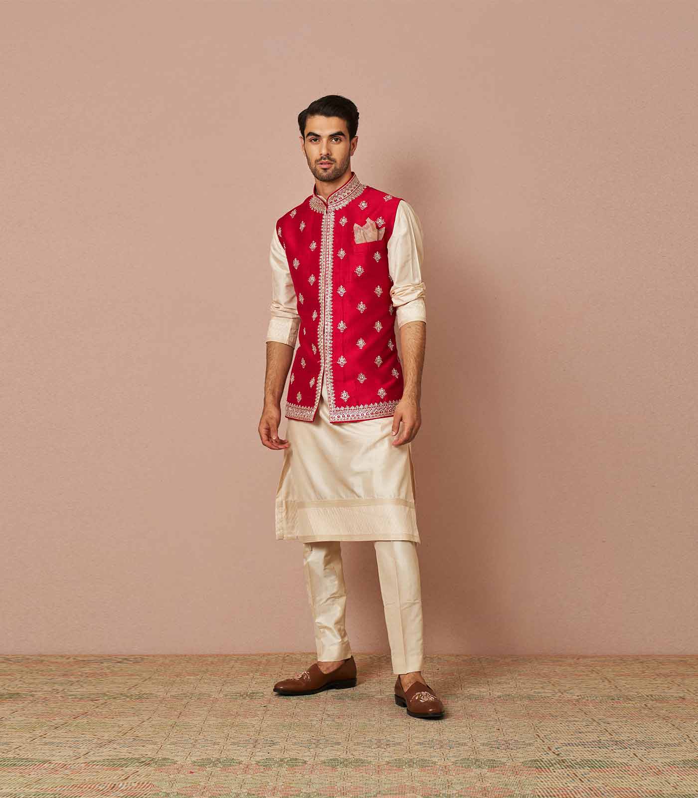 Red rawsilk zardosi bandi set