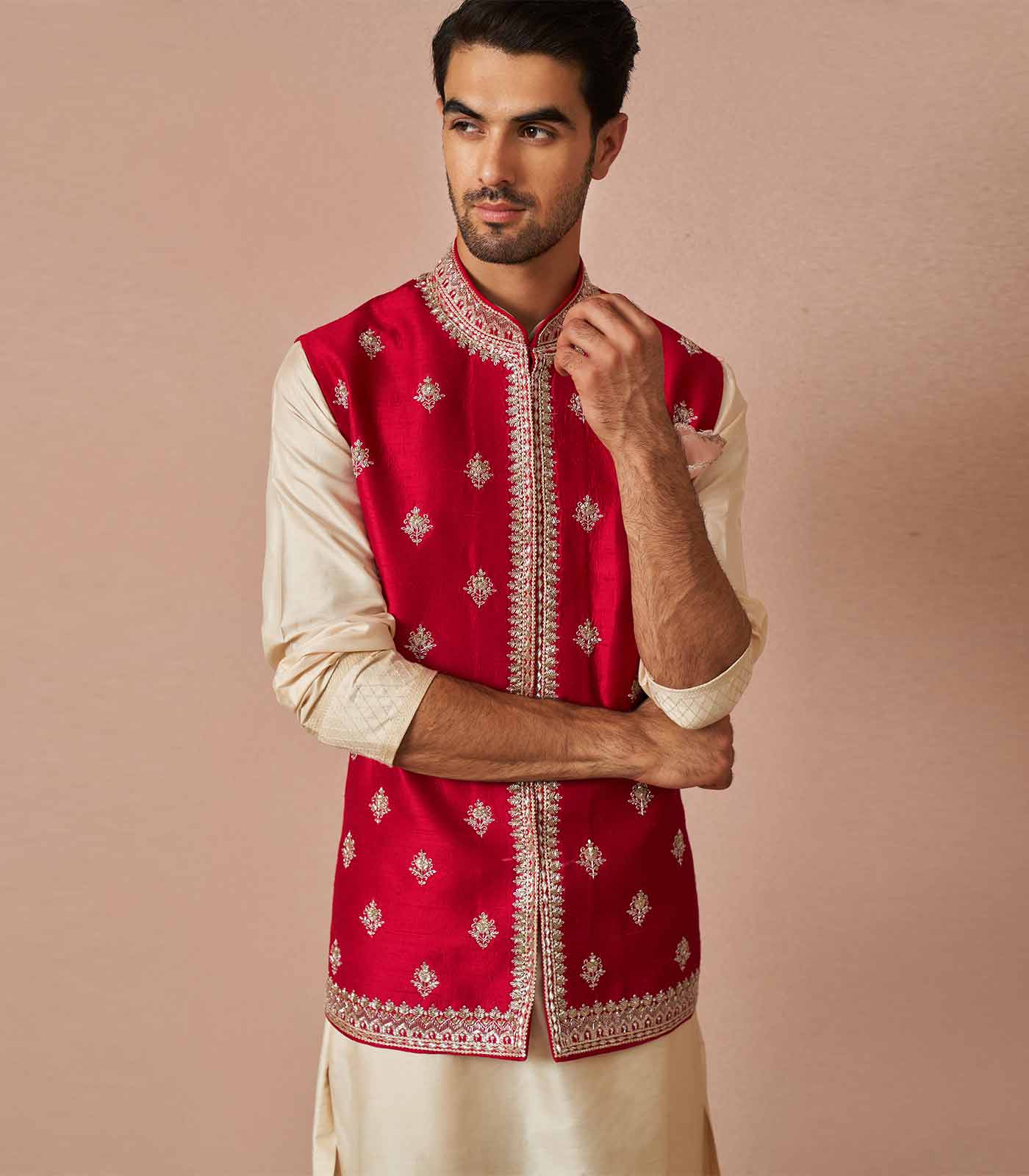 Red rawsilk zardosi bandi set