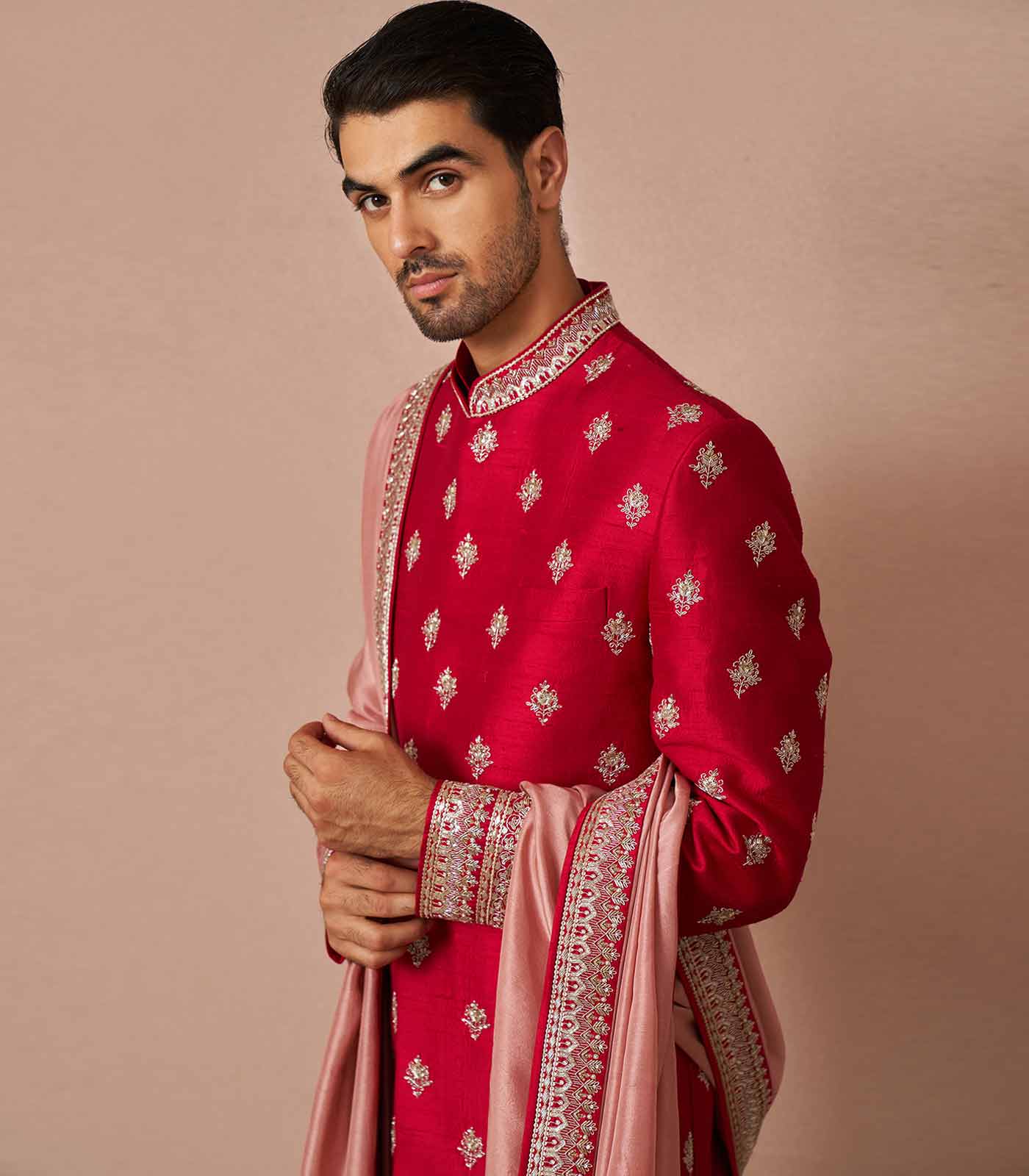Red rawsilk zardozi butti embroidered Sherwani Set