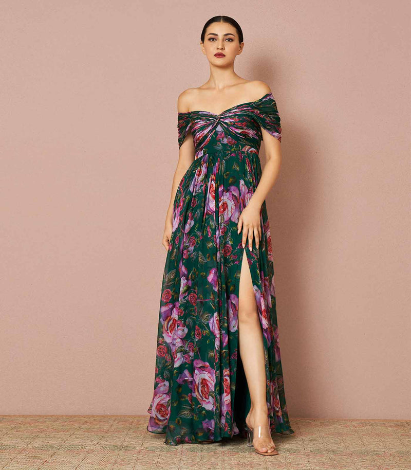 Eugenia rose deep green off-shoulder draped gown