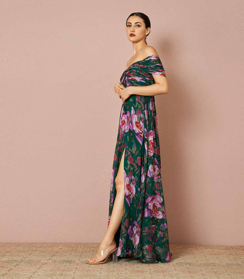 Eugenia rose deep green off-shoulder draped gown