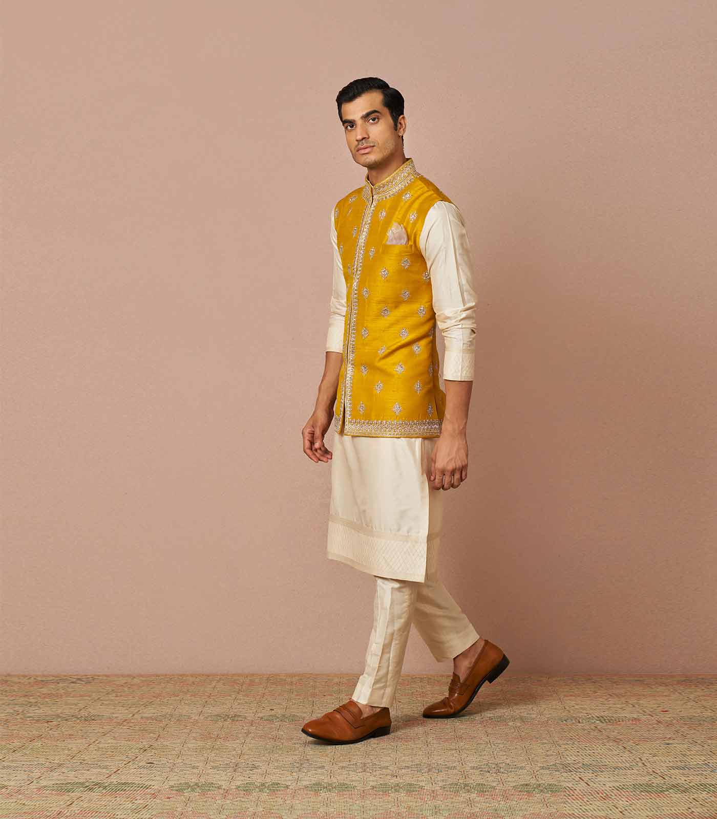 Yellow milad rawsilk embroidered bandi kurta set