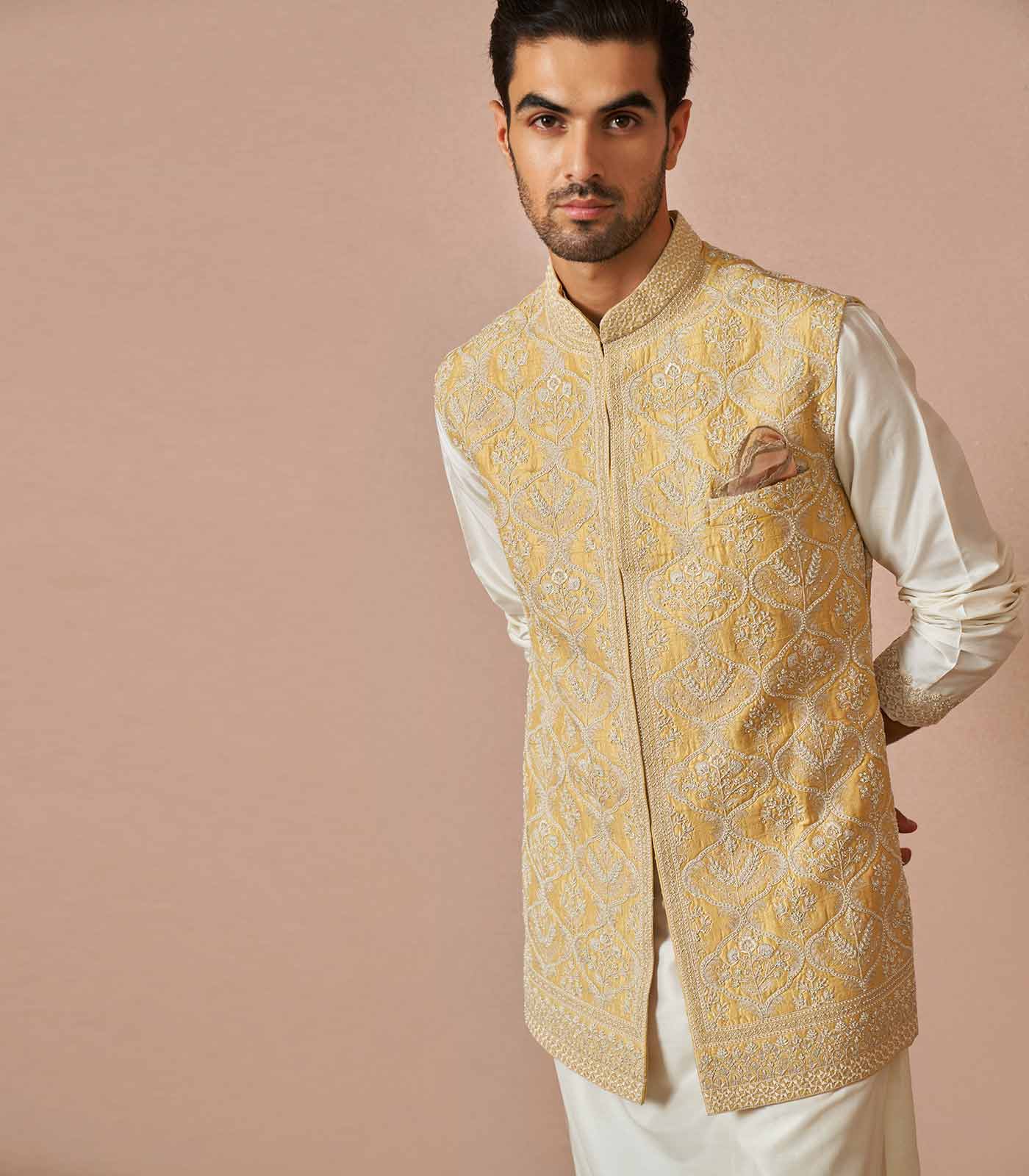 Yellow rawsilk bandi kurta set