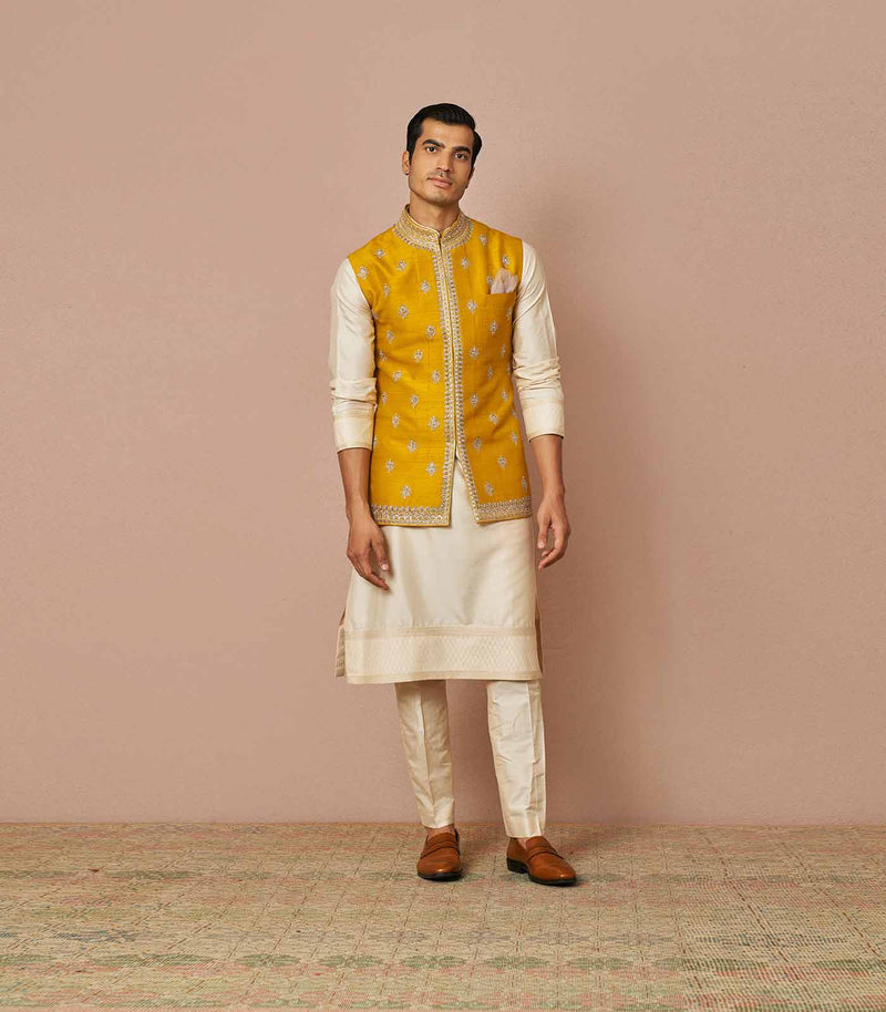 Yellow rawsilk embroidered bandi kurta set