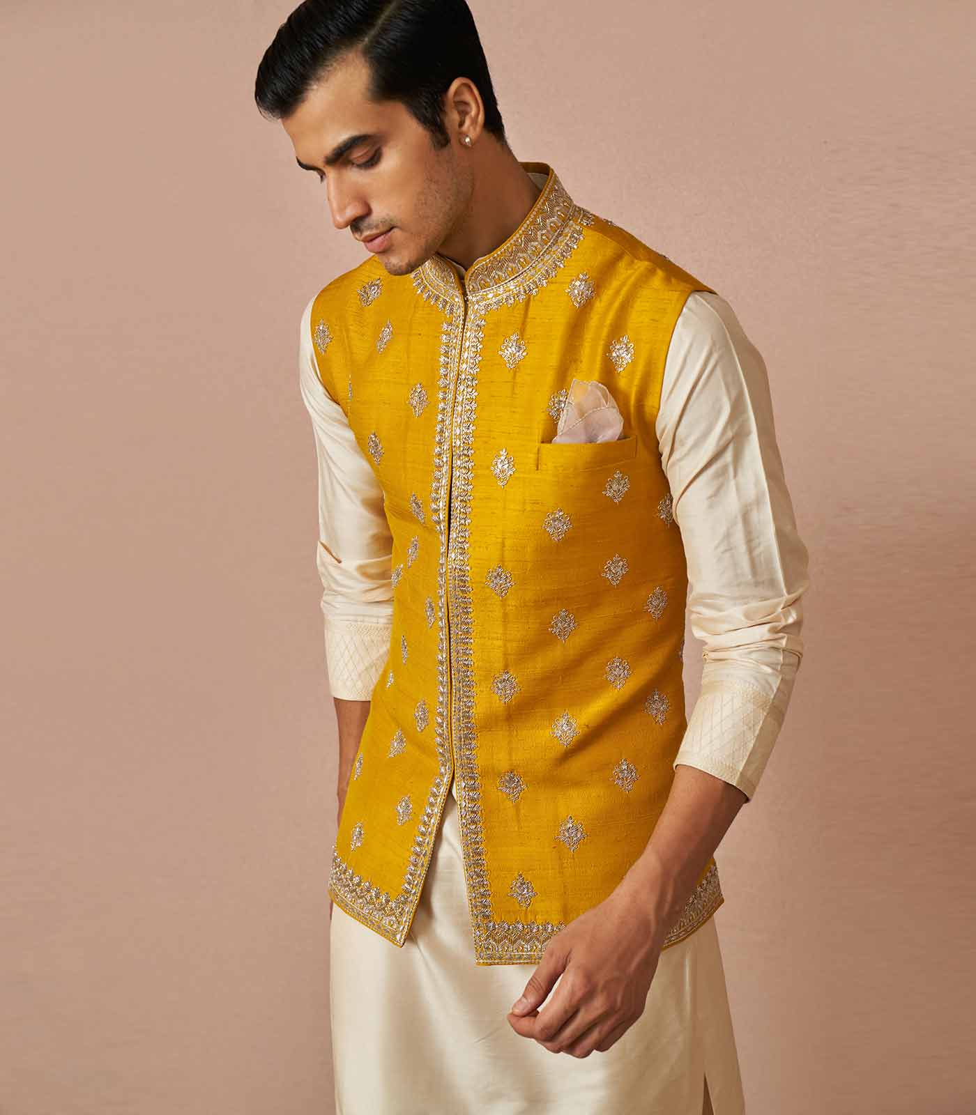 Yellow rawsilk embroidered bandi kurta set