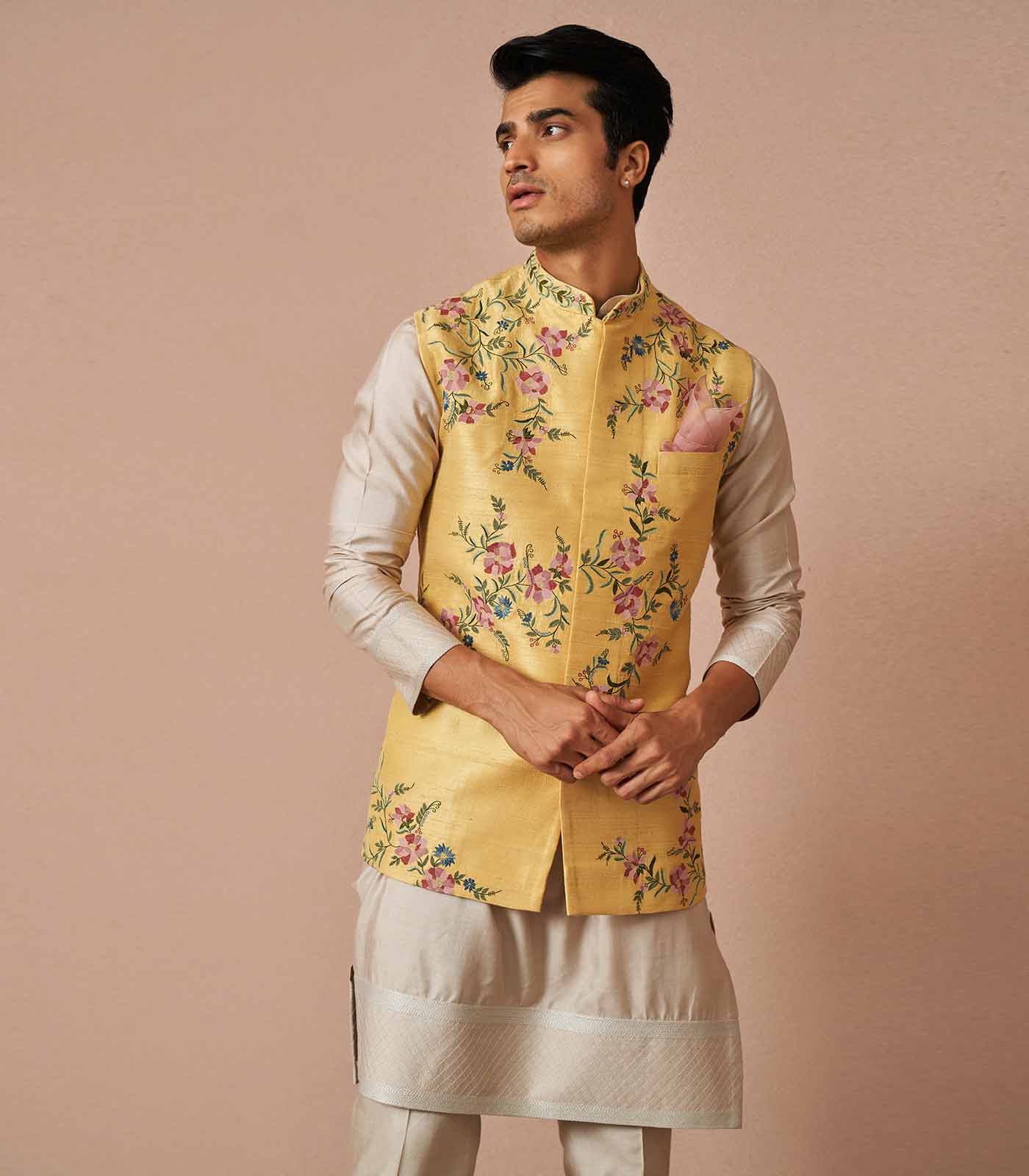 Yellow rawsilk iris threadwork bandi set