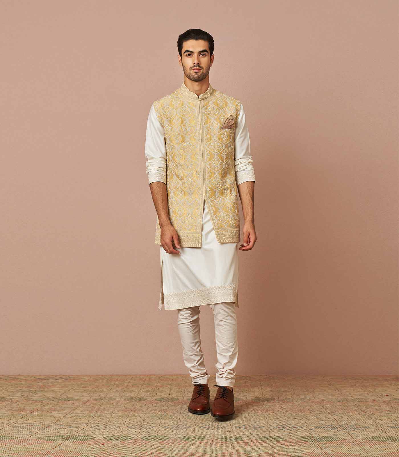 Yellow rawsilk kiaan bandi kurta set
