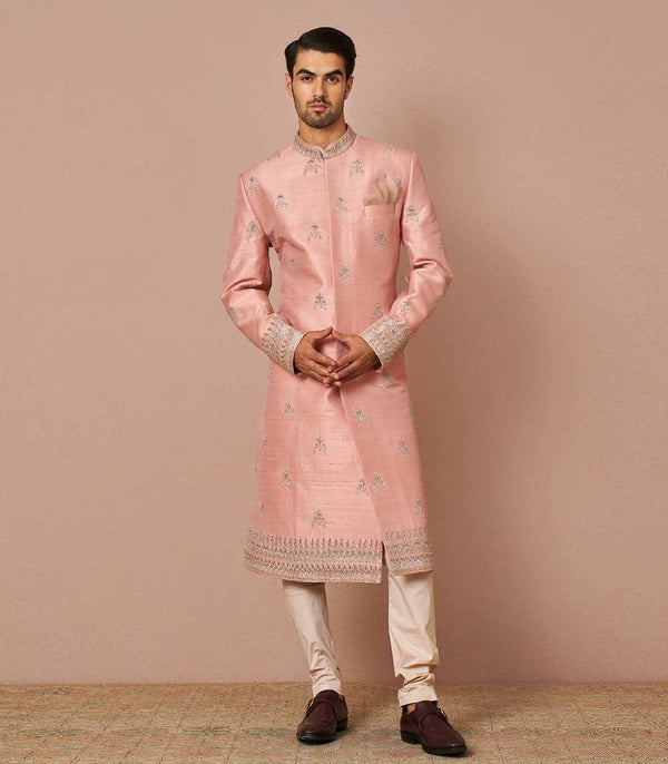 Blush pink rawsilk butti embroidered Sherwani Set