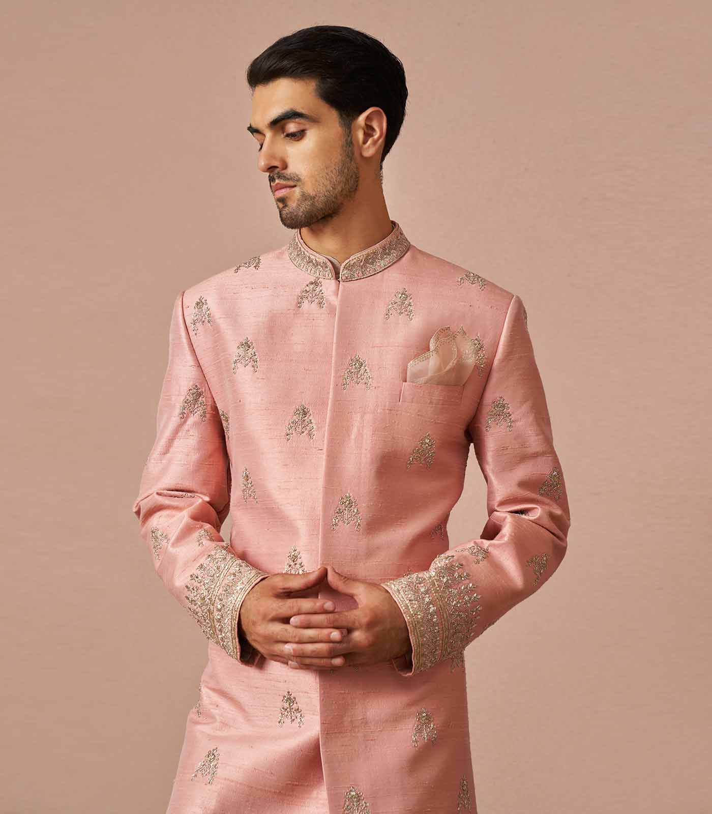 Blush pink rawsilk butti embroidered Sherwani Set