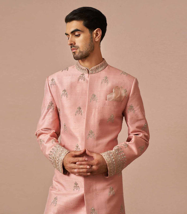 Blush pink rawsilk butti embroidered Sherwani Set