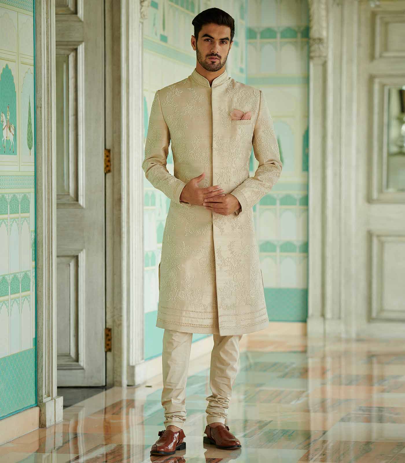 Ivory rawsilk pearl floral embroidered Sherwani Set
