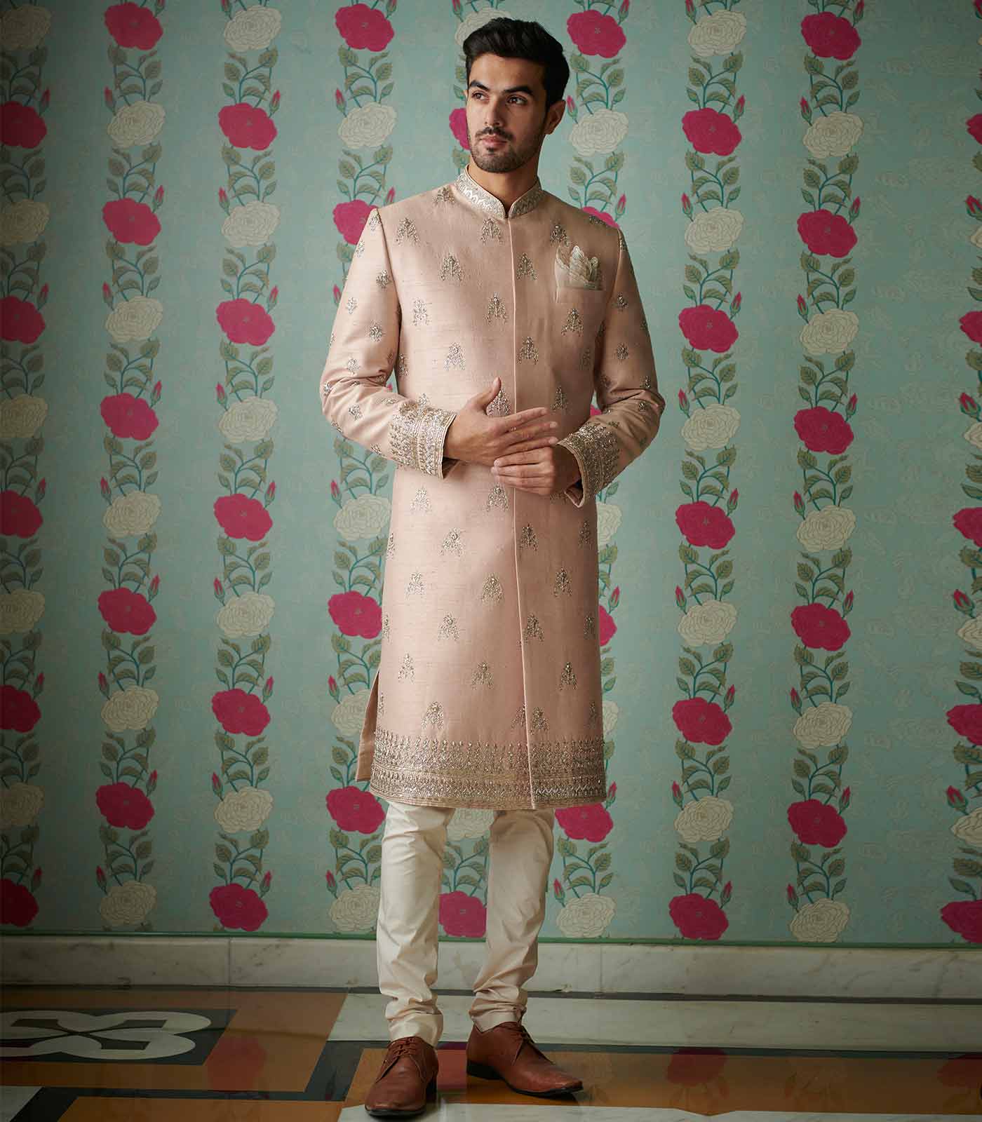 Pink rawsilk butti Sherwani Set
