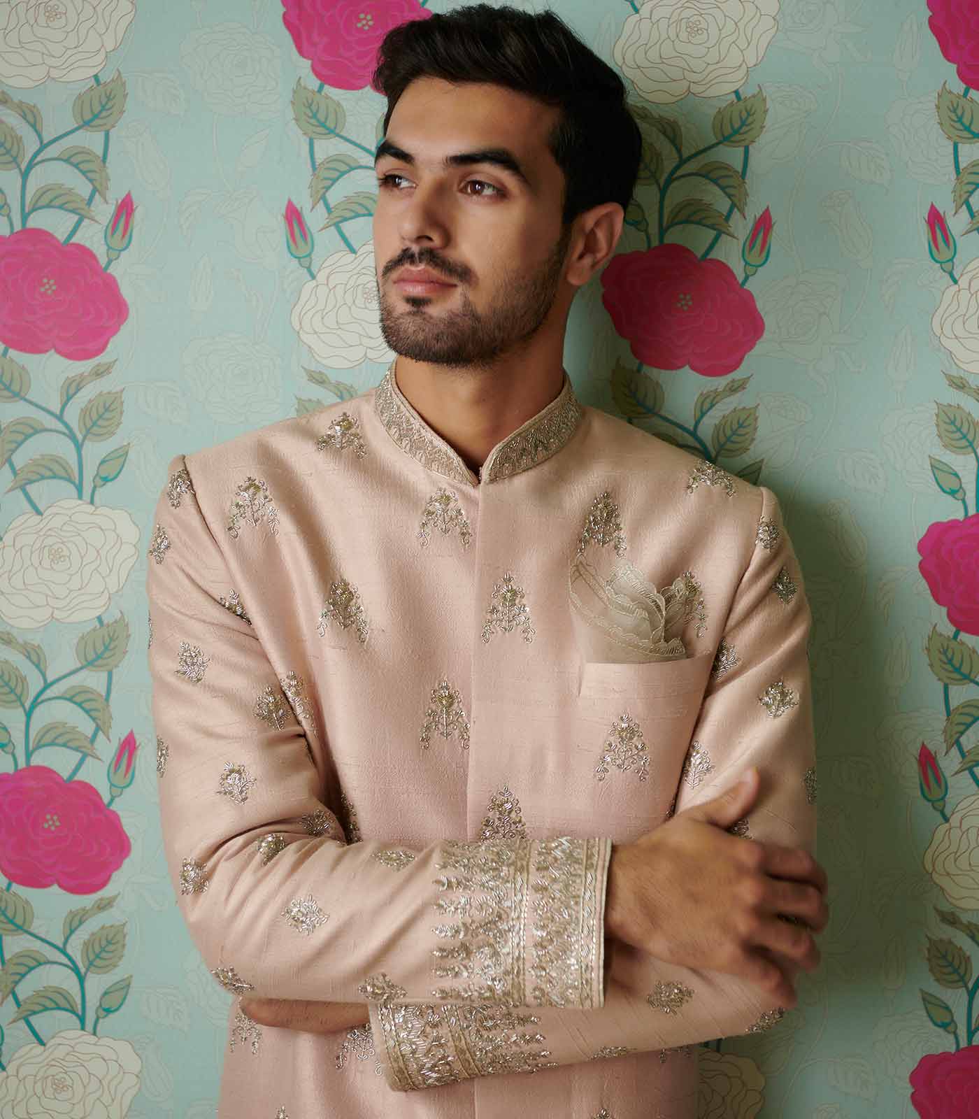 Pink rawsilk butti Sherwani Set