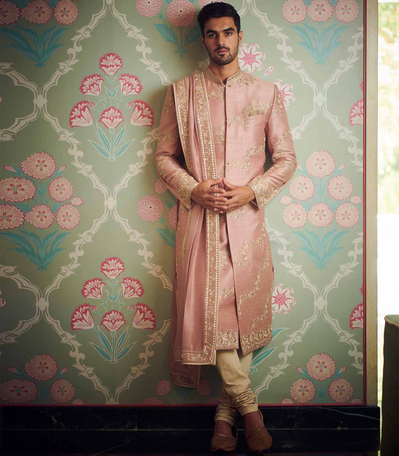 Pink rawsilk leharia zardosi Sherwani Set