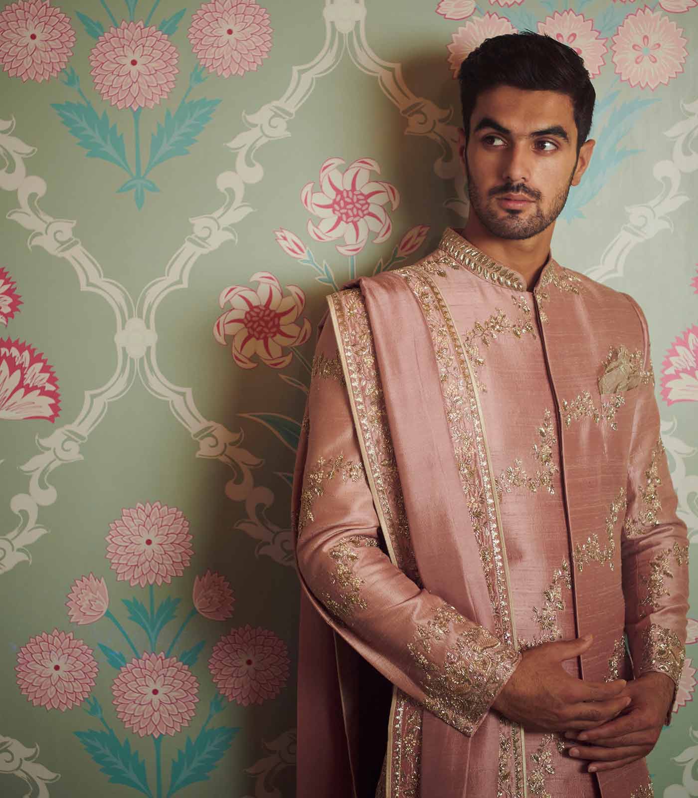 Pink rawsilk leharia zardosi Sherwani Set