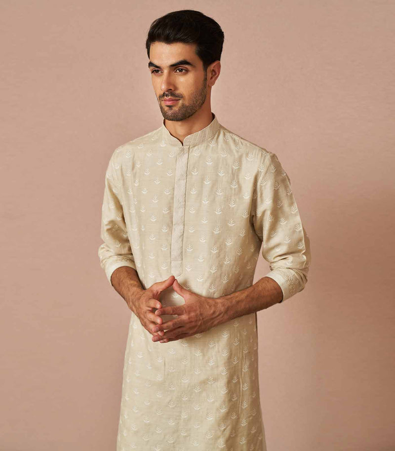 Ivory matka silk embroidered kurta set