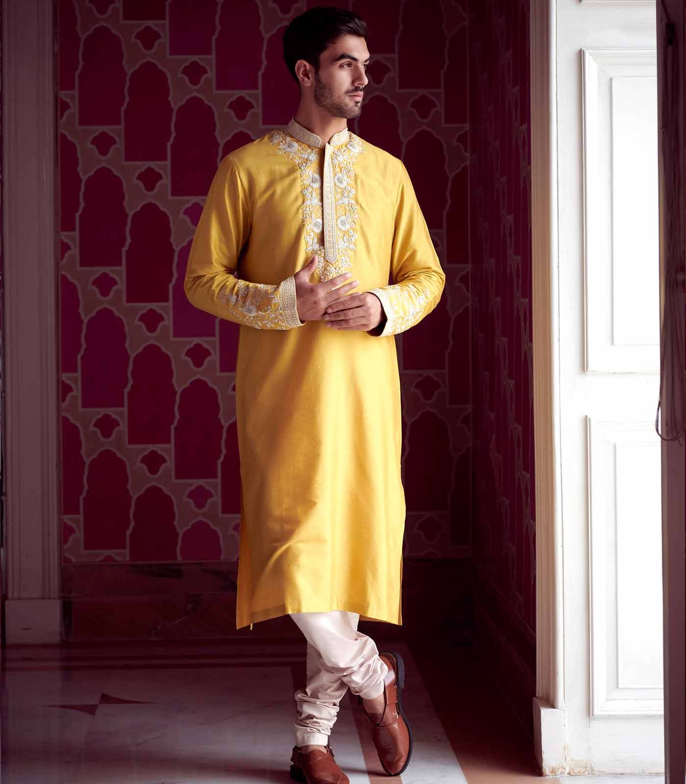Yellow chanderi zardosi embroidered kurta set