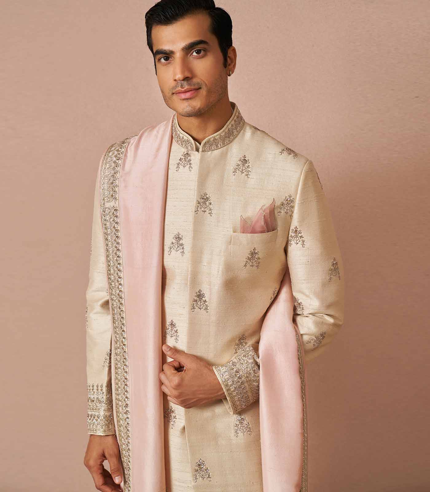 Ivory rawsilk butti embroidered Sherwani Set with silk baby pink dupatta