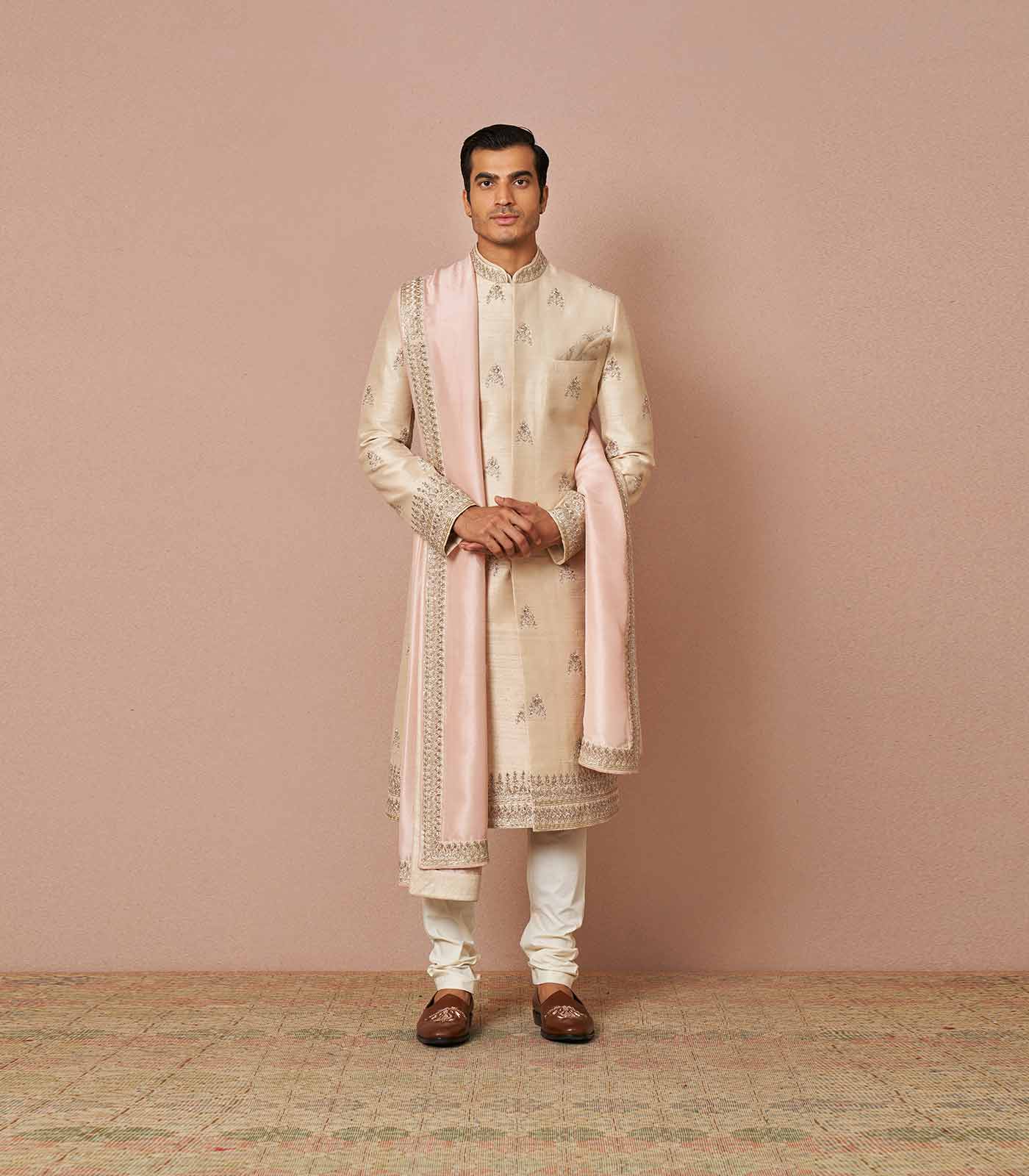 Ivory rawsilk butti embroidered Sherwani Set with silk baby pink dupatta