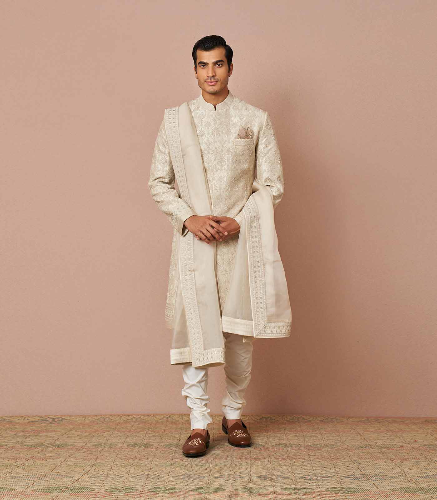 Ivory rawsilk embroidered sherwani set
