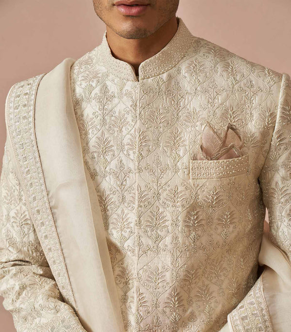 Ivory rawsilk embroidered sherwani set