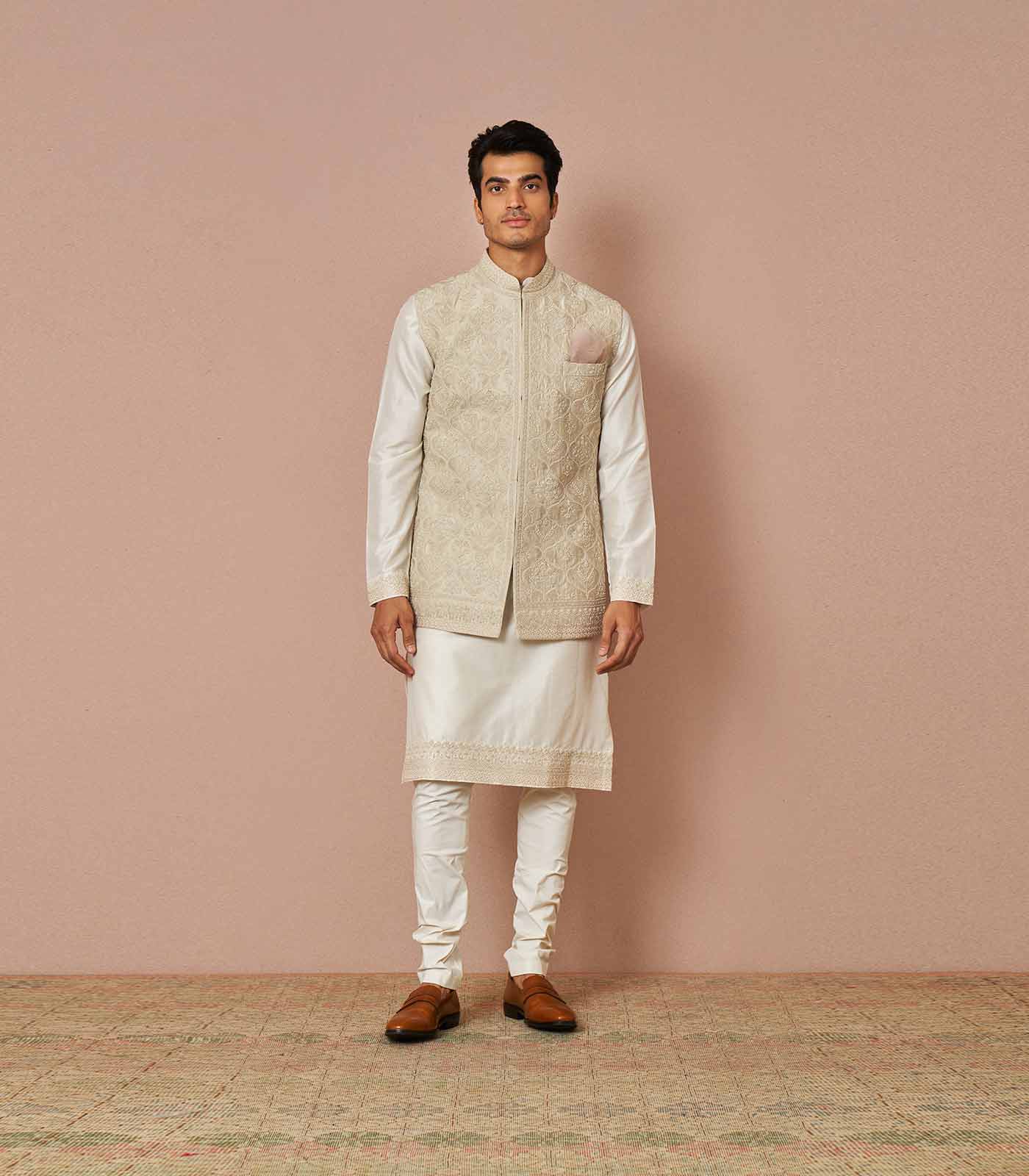 Ivory rawsilk kian pearl embroidered bandi set
