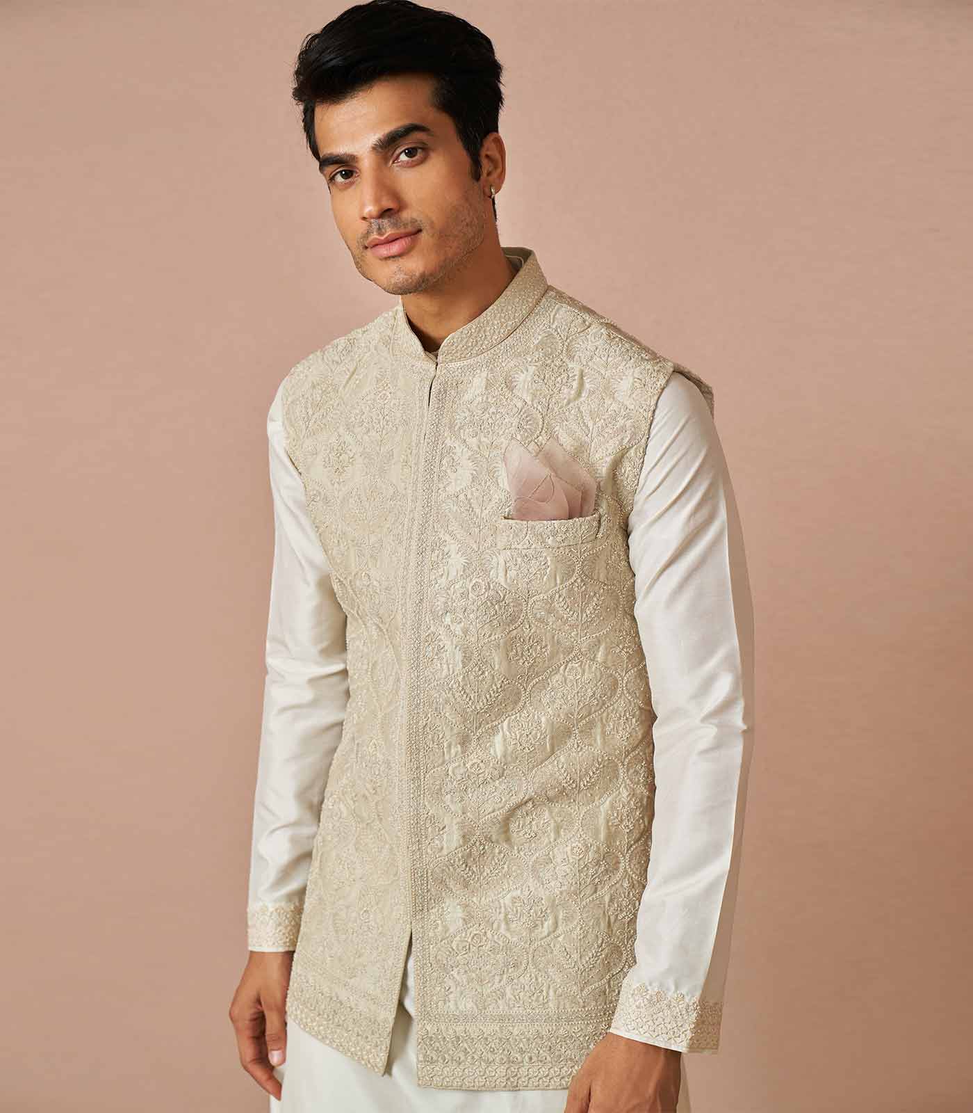 Ivory rawsilk kian pearl embroidered bandi set