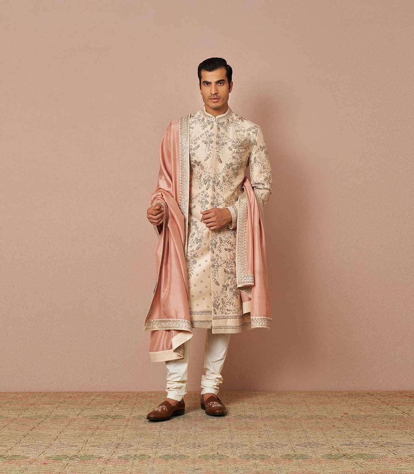 Ivory rawsilk sherwani set with zardosi work