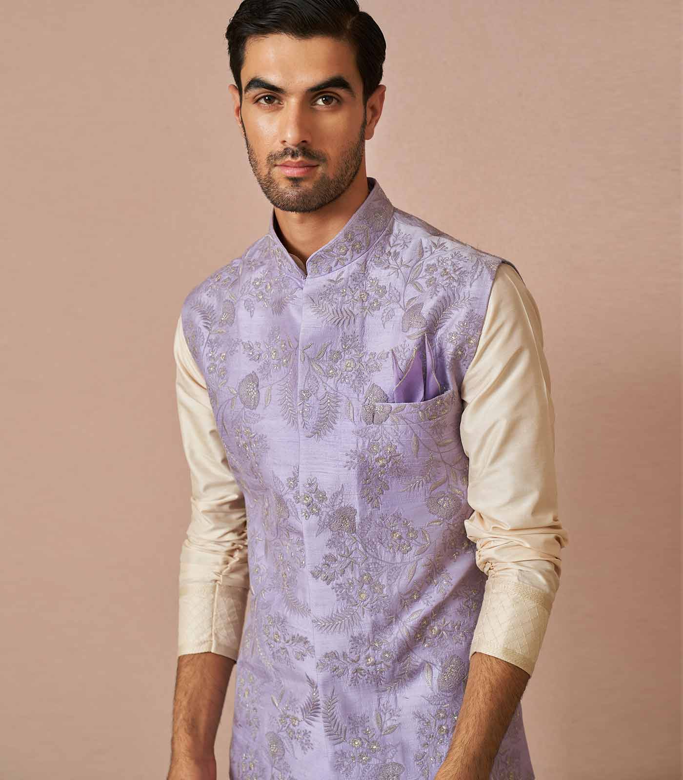 Lavendar rawsilk rue floral embroidered bandi set
